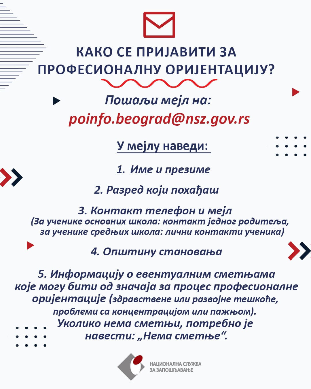 Пријава за услугу професионалне оријентације  ученика завршних разреда у Београду