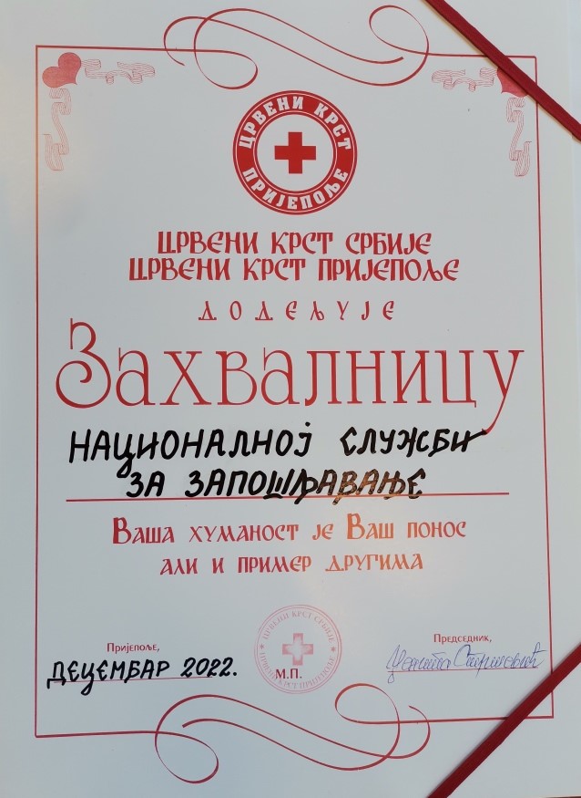 Додела Захвалнице Црвеног крста Пријепоље Националнoj служби за запошљавање